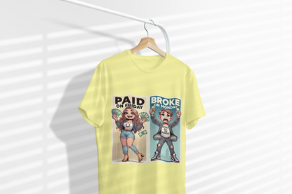 Tshirt - Paid on Friday Broke on Monday Tee, Fun Graphic Tee, Casual Wear, Gift for Friends, Humor Shirt