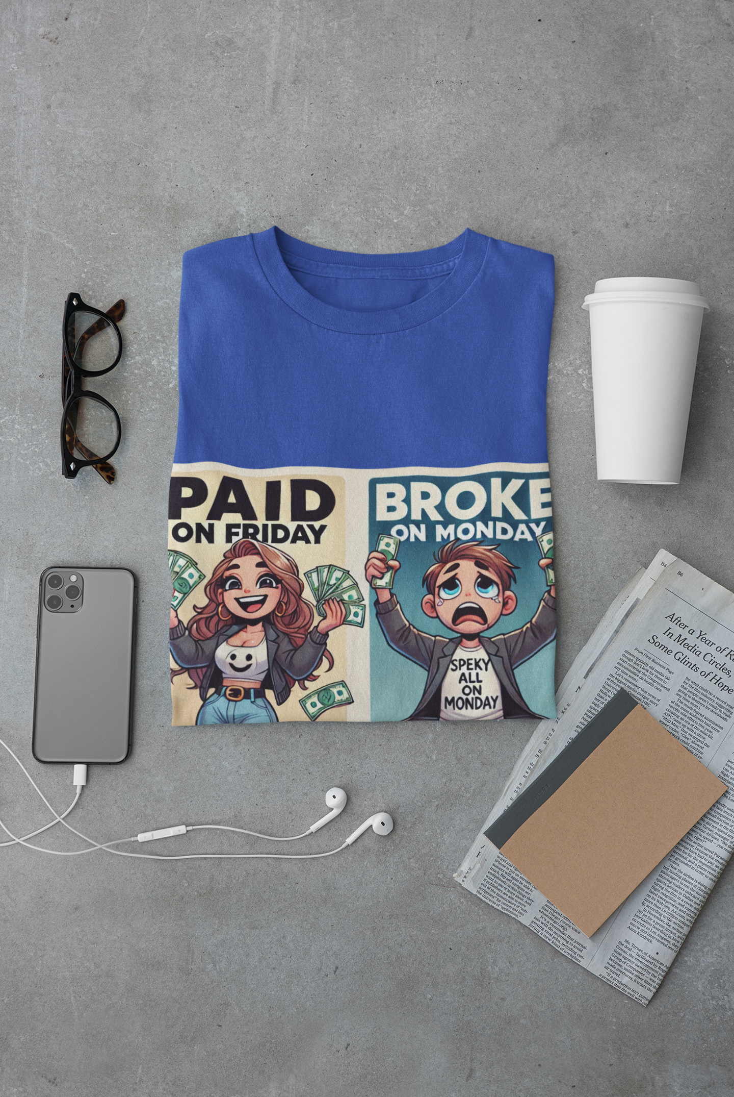 Tshirt - Paid on Friday Broke on Monday Tee, Fun Graphic Tee, Casual Wear, Gift for Friends, Humor Shirt